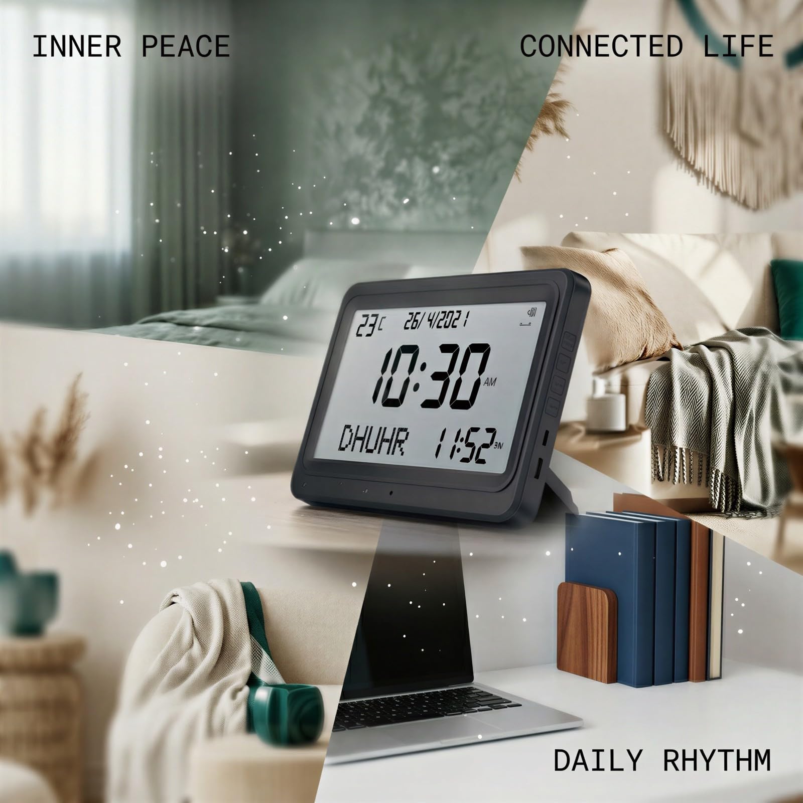 Horloge Azan Clocks pour l'appel à la prière musulmane avec son, pour la maison, bureau ou table, calendrier islamique numérique et affichage de température, réveil de prière USB ou piles, noir