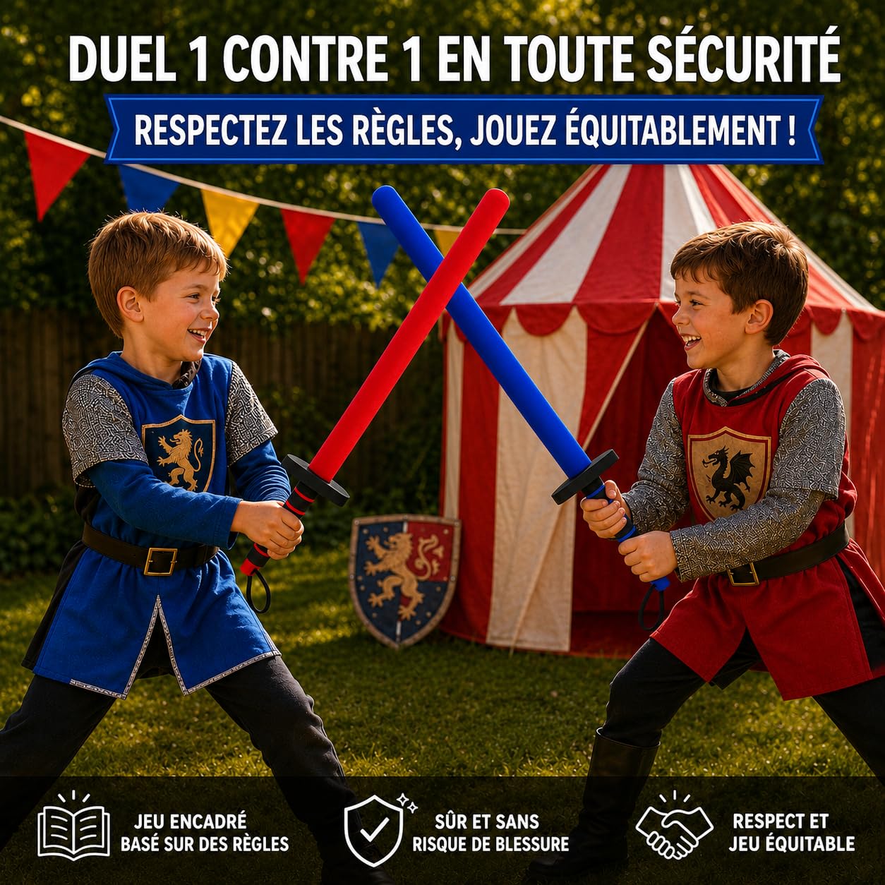 Lot de 2 raquettes en mousse pour enfants (rouge/bleu) | Jeu de clôture pédagogique et épée souple pour la réduction de l'agression | Appareil de sport pour la motricité et le mouvement avec sac |