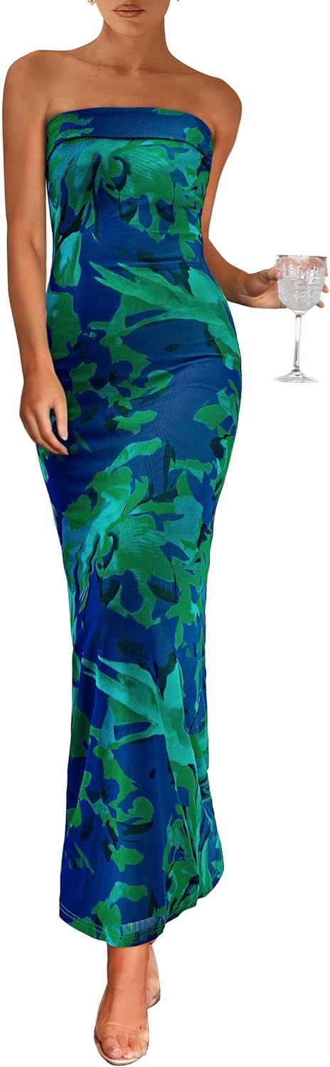 PRETTYGARDEN Womens Summer Printed Tube Maxi Dress Strapless Bodycon Sleeveless Night Out Long Dresses