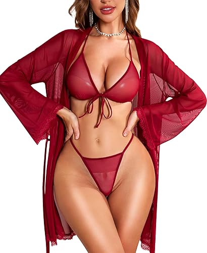 RSLOVE Sexy Lingerie Robe Set - Women 3 Piece Bra and Panty Sets with Lace Kimono Robe Sheer Sleepwear Mesh Nightgown - Large - Wine Red