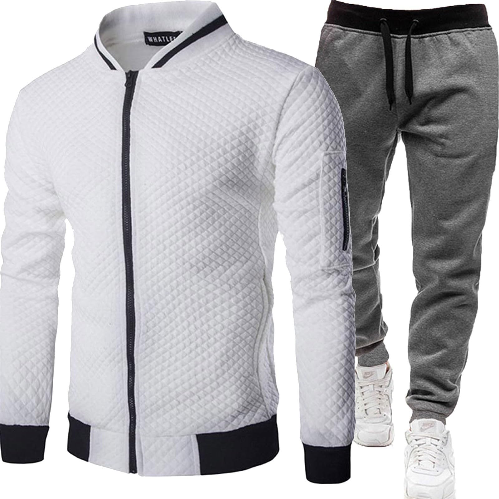 Generisch Tuta sportiva da uomo, da jogging, da uomo, a maniche lunghe, senza cappuccio e pantaloni sportivi, motivo strutturale, per jogging, fitness, tempo libero, 2 pezzi