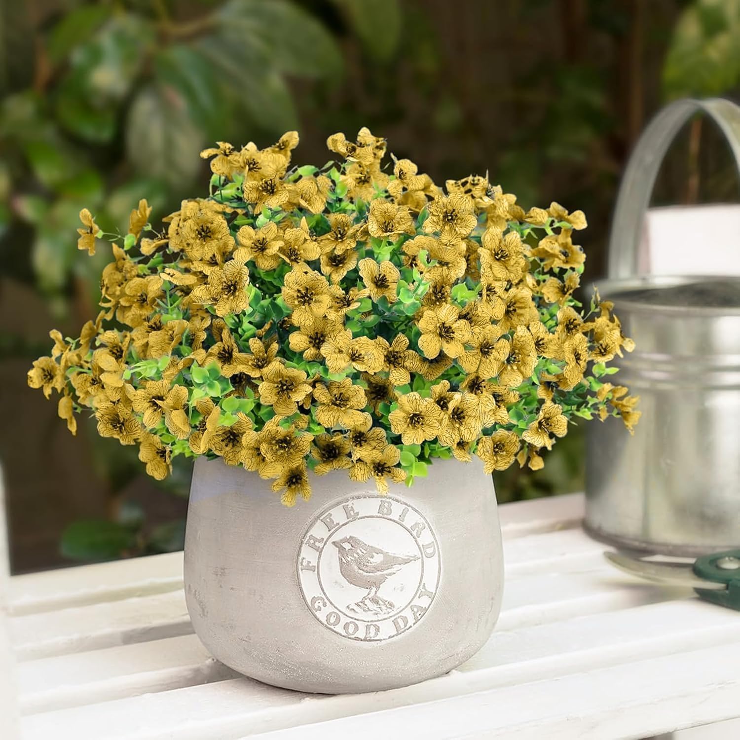 ATTGREAT Artificial Flowers Outdoor Faux Plants UV Resistant Fake Patio Flowers Plastic Greenery Plnats Outside Bulk for Spring Garden Hanging Planter Home Vase Decor, 24 Bundles (Yellow)