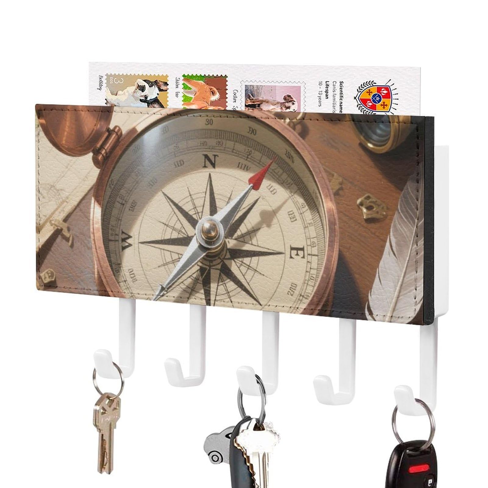 DWVTSLH Compass Key Holder for Wall, Decorative Key Hooks with Mail Organizer & 5 Hooks, Self Adhesive Leather Key Hanger for Entryway, Wall Mounted Key Rack (7.1” X 4.3” X 0.9”)