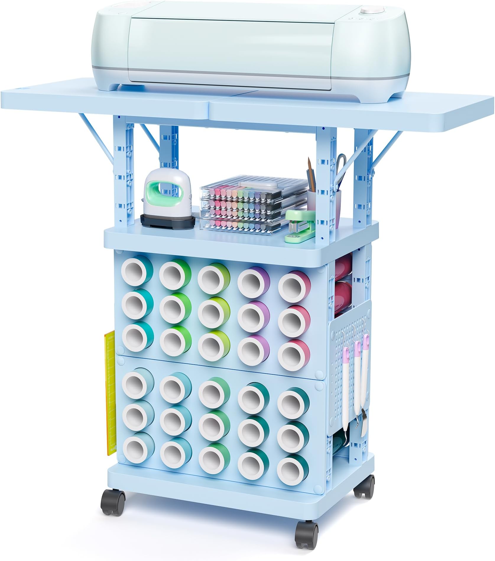 Organizer and Storage Stand Compatible with Cricut Machine, Rolling Storage Cart Table Desk Shelf with 30 Vinyl Roll Holders, Tool Pegboard, Accessories Holder Organizer for Craft Room Home