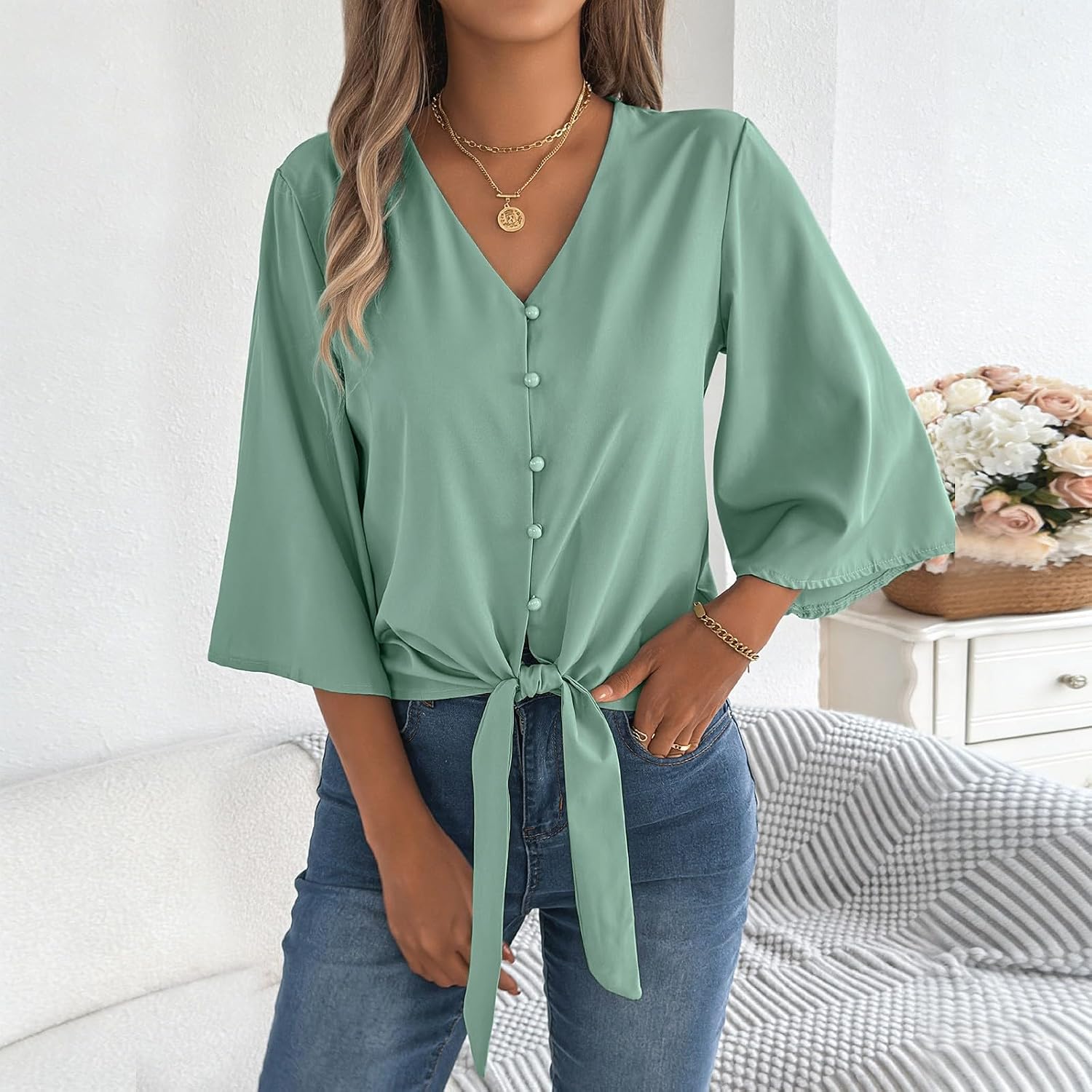 Women's Button V Neck Chiffon Tops 3/4 Bell Sleeve Tie Knot Casual Blouses Loose Summer Shirts