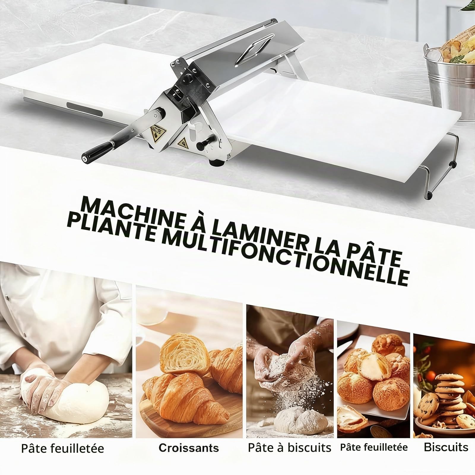 Laminoir à pâte à Croissants, laminoir à pâte Professionnel, épaisseur de la Machine à pâte réglable, Acier Inoxydable, laminoir à pâte à Pizza fondante pour Croissants de Table A
