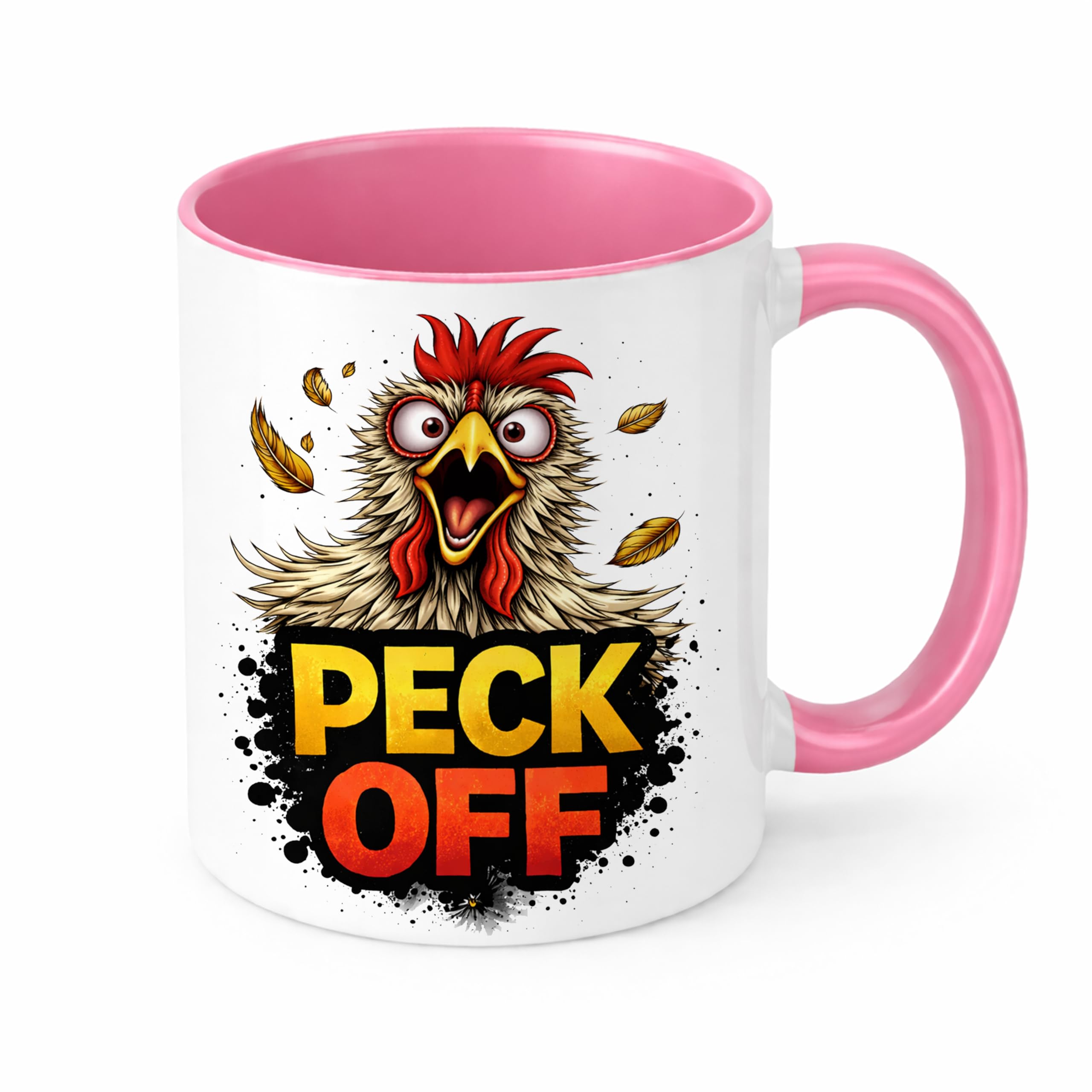 Brew Crew Gifts Peck Off Funny Chicken Mug, 11oz Ceramic Coffee Mug with Humorous Design, White (Pink)