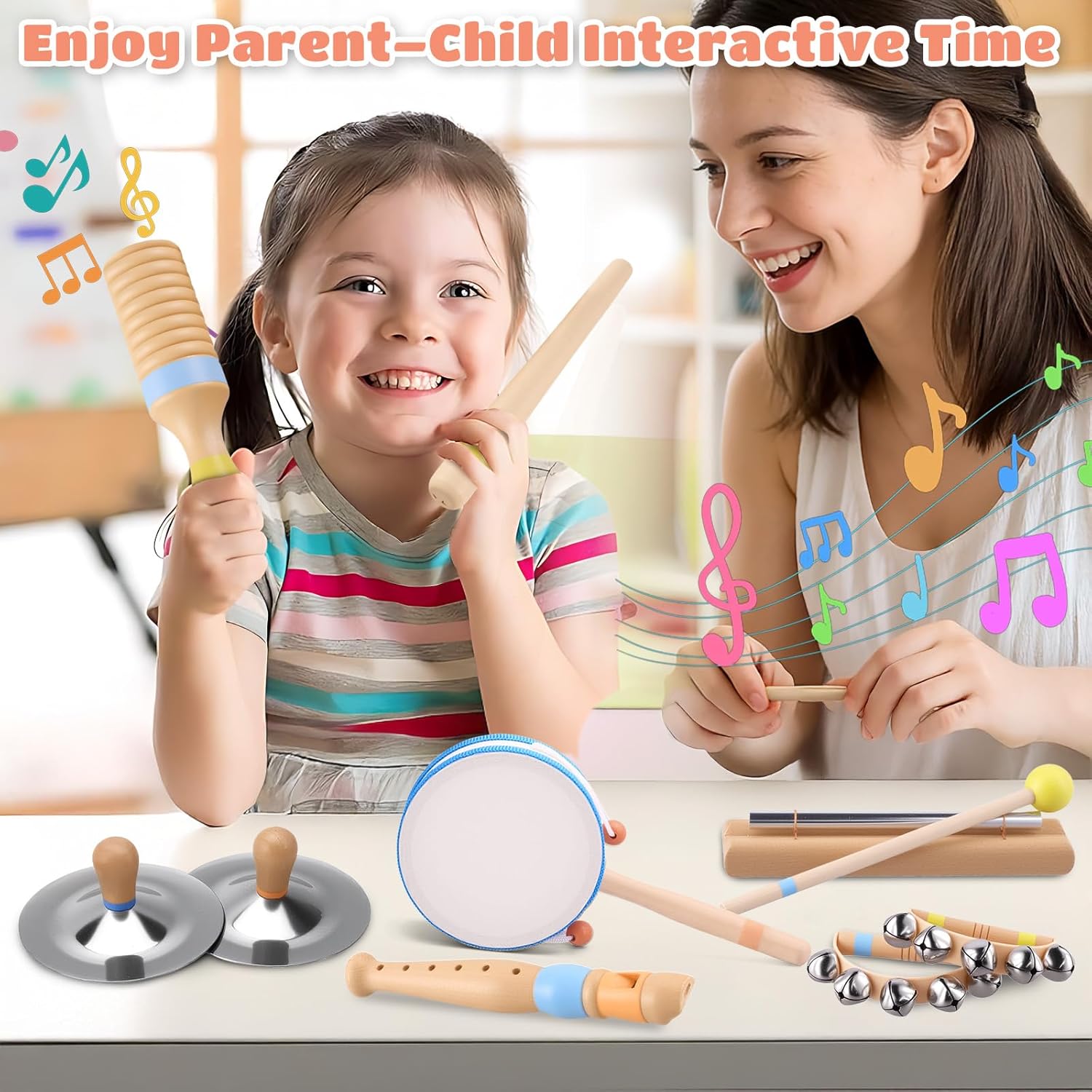 Baby Musical Instruments for Toddlers 1–3, Montessori Wooden Music Set with Drum Flute Clarinet Bells Cymbals, Toddler Musical Instruments Educational Kids Toys Birthday Gifts for Boys Girls