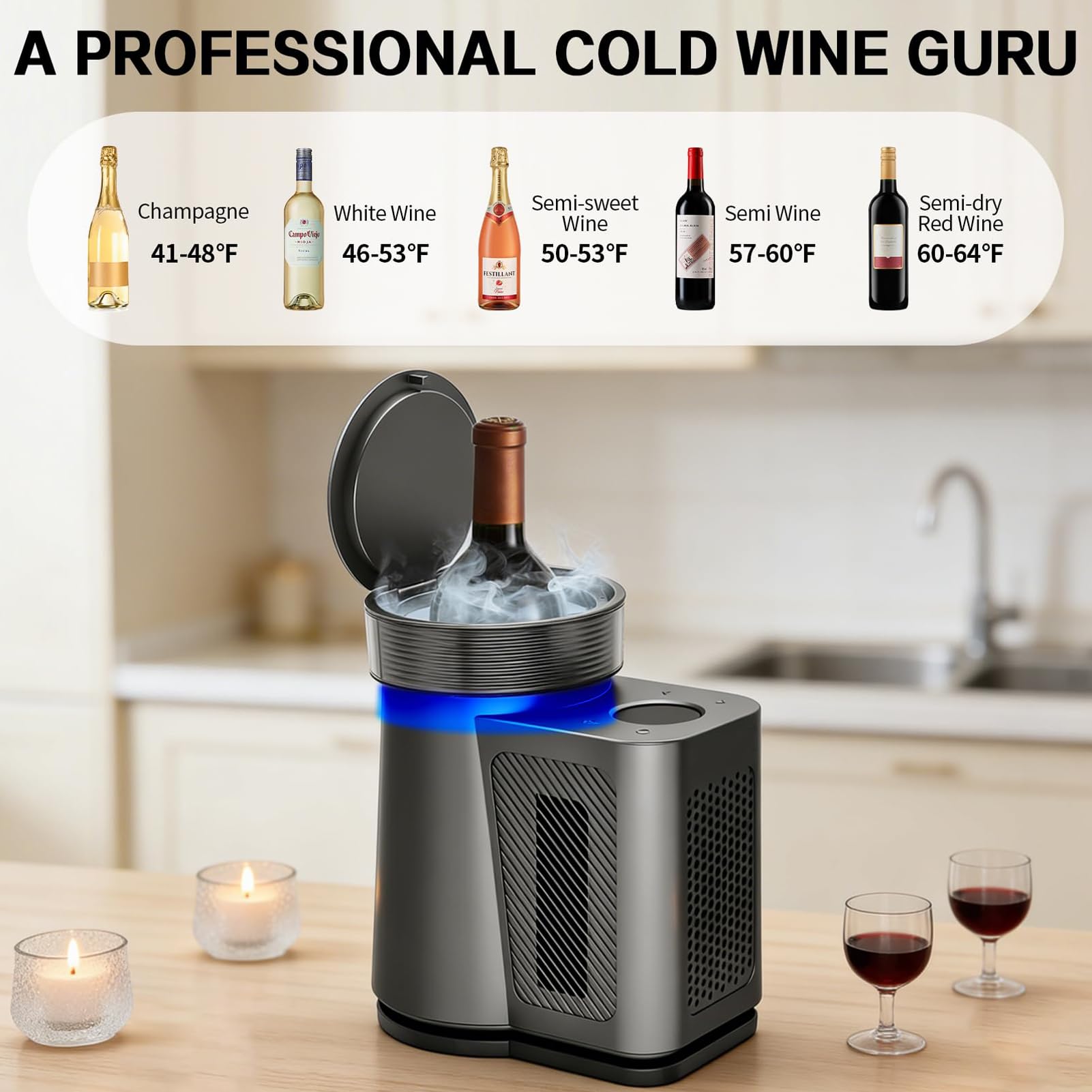 Enfriador De Vino Eléctrico, Refrigerador De Vino Termoeléctrico 60W Con | Enfriador Portátil De Botellas De Vino Con Control De Temperatura 2-20°C, Sistema De Enfriamiento Sin Hielo 750ML(Black)