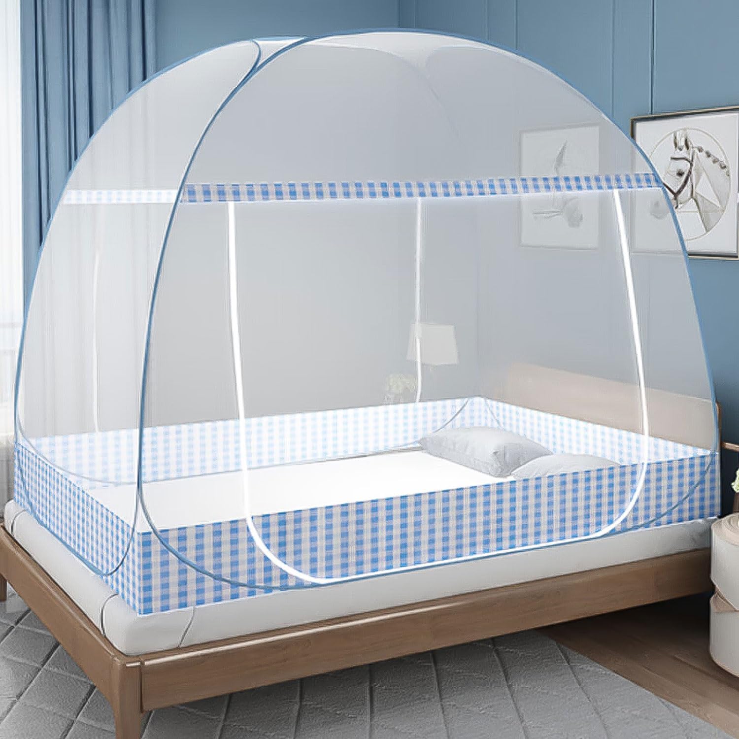 Faltbares Moskitonetz - Tragbar für Reise, Doppeltür Pop-Up, Großes Bett für Schlafzimmer, Outdoor, Camping, Picknick (Blau, 200x180x150 cm)
