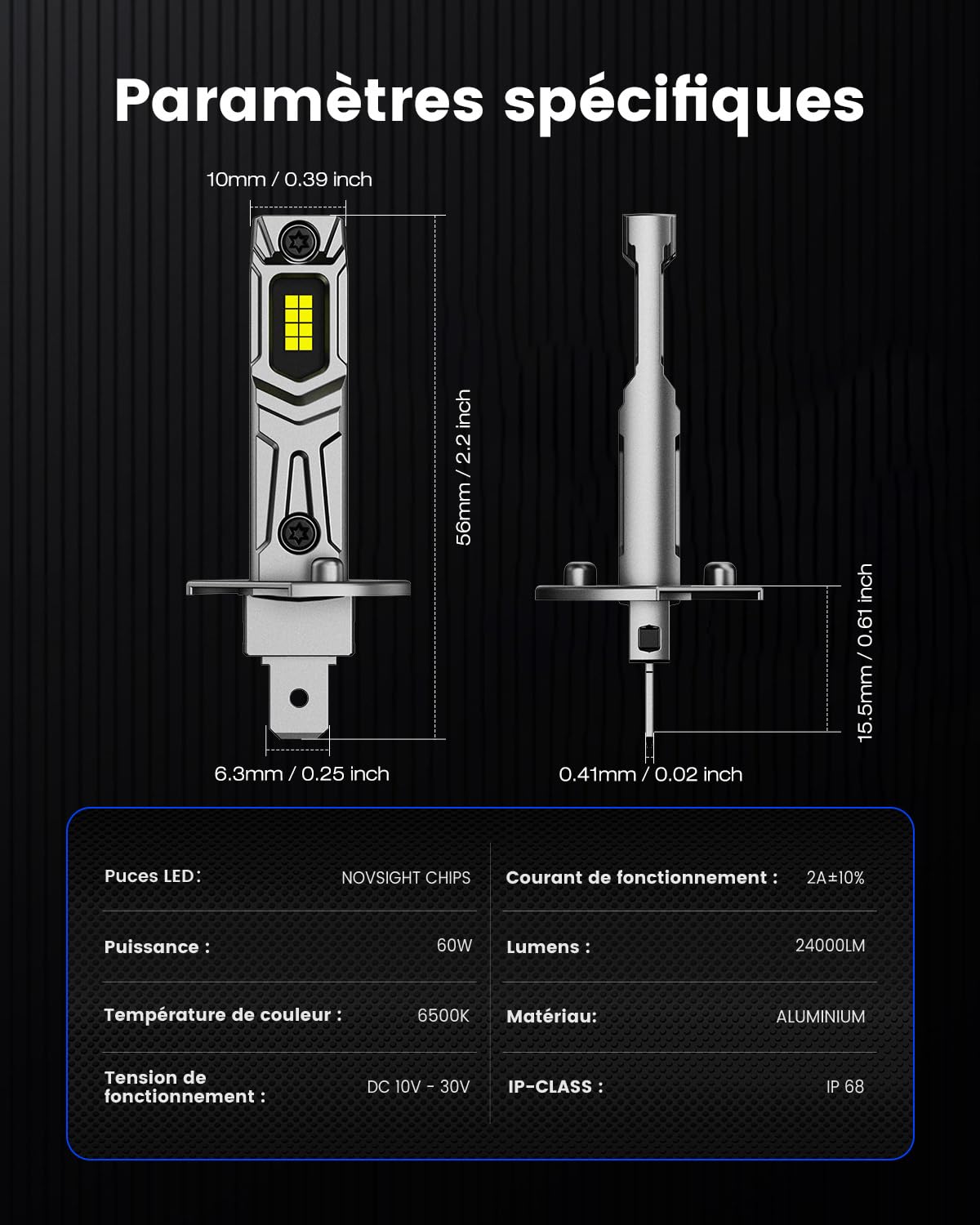 NOVSIGHT Ampoule H1 LED - 1:1 Taille Design 24000LM 6500K Blanc Puissant H1 LED 600% Luminosité Kit de Conversion Halogène Ampoule de Remplacement Phare H1 Automobile, 2 Pcs Set