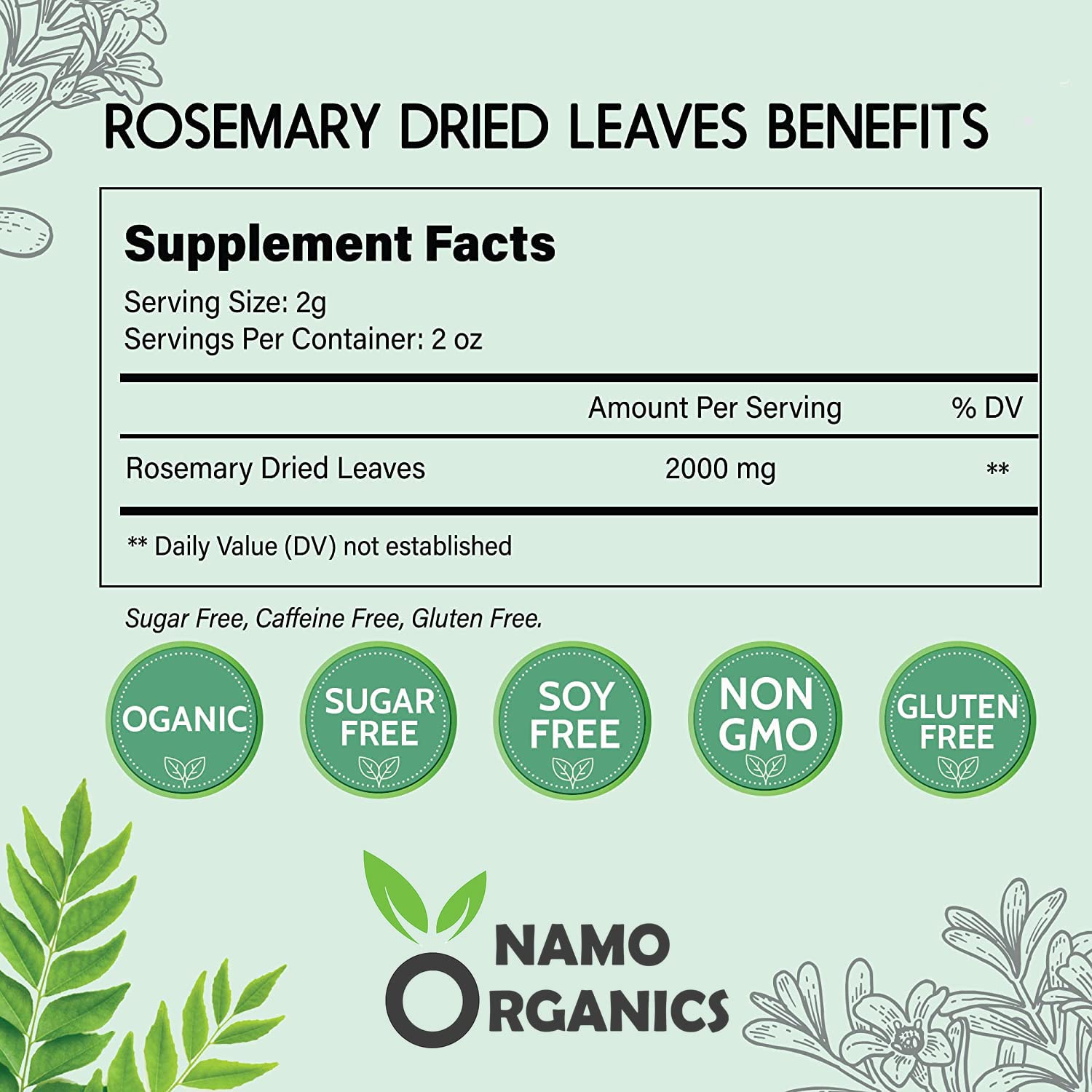 Namo Organics - 1 kg - Hojas secas de romero - Para el crecimiento del cabello y té de hojas de romero - Hierba seca orgánica (1 kg)