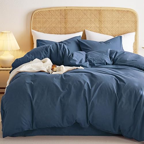 Wake In Cloud - Juego de funda de edredón de algodón, tamaño Queen, azul marino oscuro, 100% algodón lavado, textura similar al lino, percal