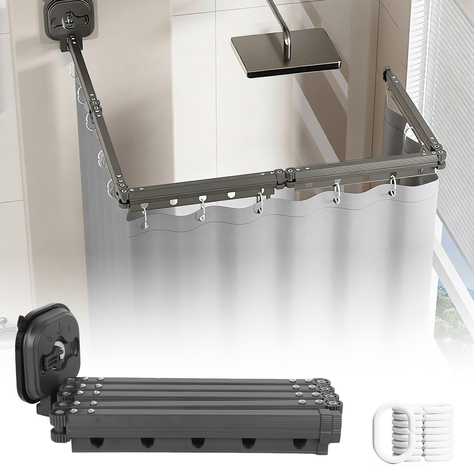 Foldable Shower Curtain Rail, Wall Mounted Shower Curtain Rod with Shower Curtain, No-Drill Suction Cup Laundry Organizer, Space-Saving Clothes Drying Rack for Bathroom (Grey-5 Fold, 1.8x2m)
