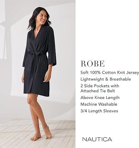 Miniatura 4 de Nautica Bata suave para mujer, por encima de la rodilla, manga 34, ligera, de punto de algodón, ropa de dormir y ropa de descanso