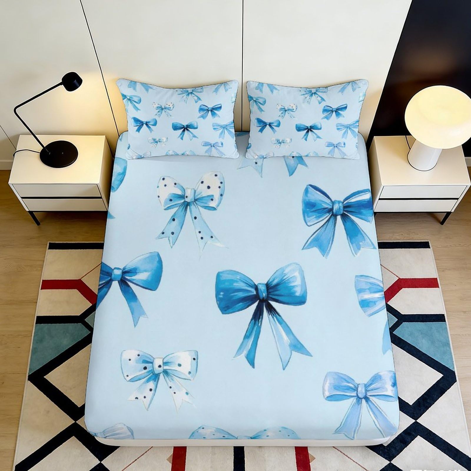 3D Printed Blue Ribbon Fitted Sheet Microfiber Soft Decorative Bow Mattress Cover for Bedroom Guest Dorm, Easy Care 90x200x25cm