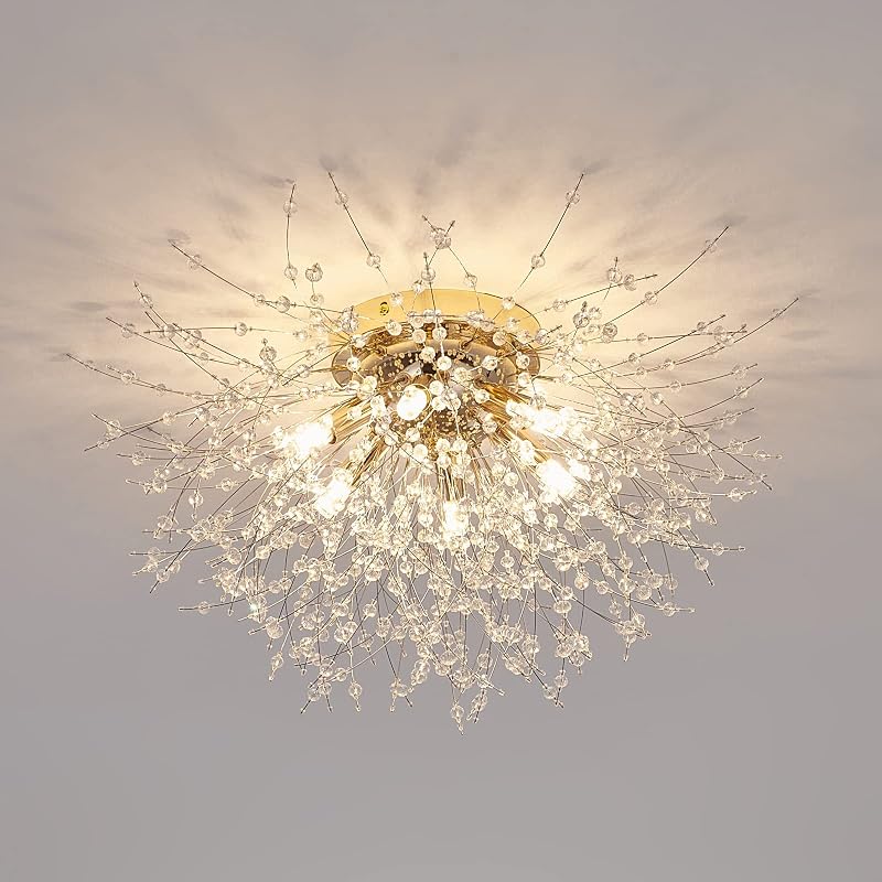 CM MZY Lámpara de Techo de Montaje Empotrado Sputnik de 6 Luces, Luces de Techo de Fuegos Artificiales de Cristal Dorado Moderno, Lámpara Cerca del Techo para Dormitorio, Cocina, Pasillo, Entrada, Baño