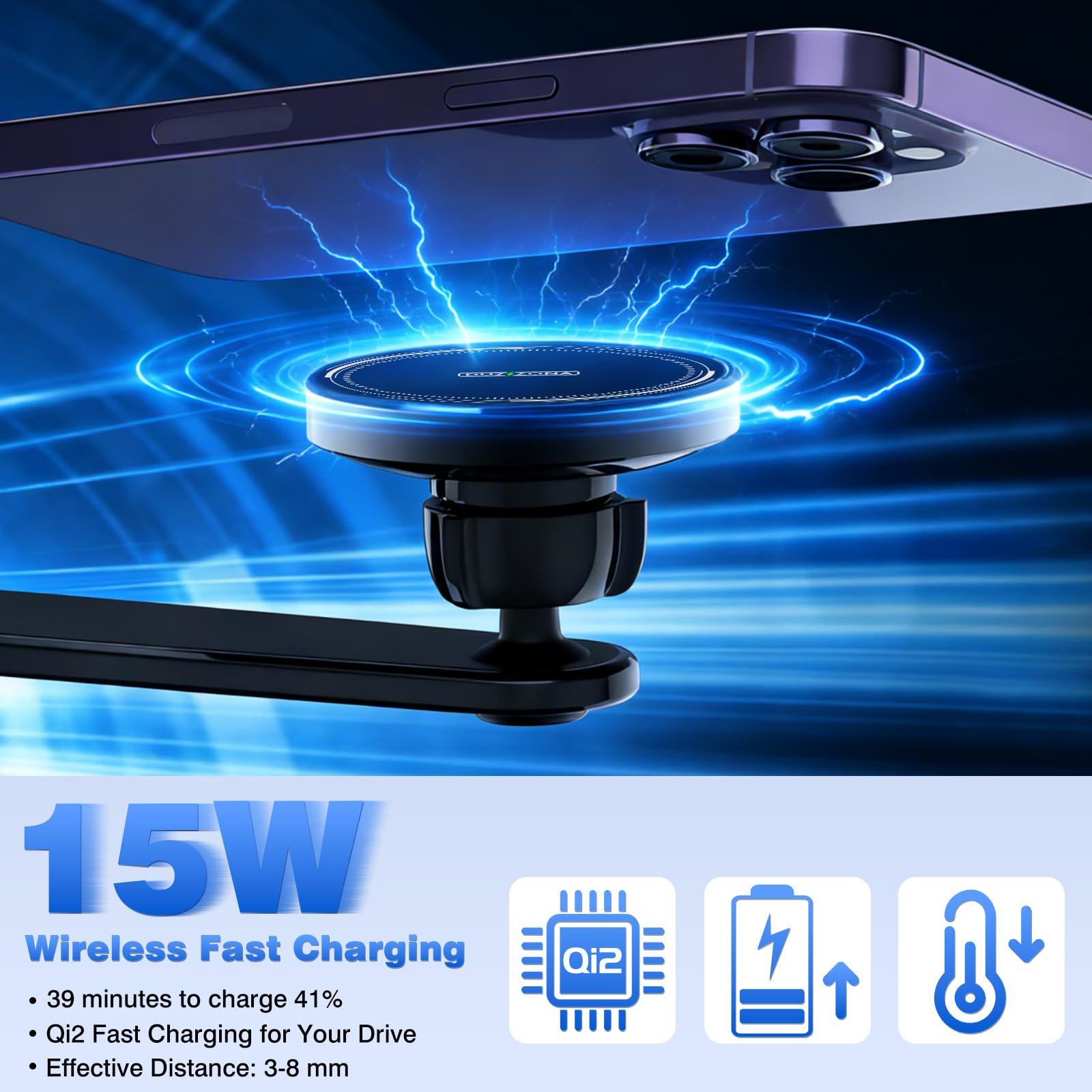 15W Chargeur Induction Voiture, Support Telephone Voiture Induction, Qi2 sans Fi, aimants N52(1300g), Support Telephone Voiture Chargeur pour Grille d'Aération/Pare-brise, Supports Magnétiques Voiture