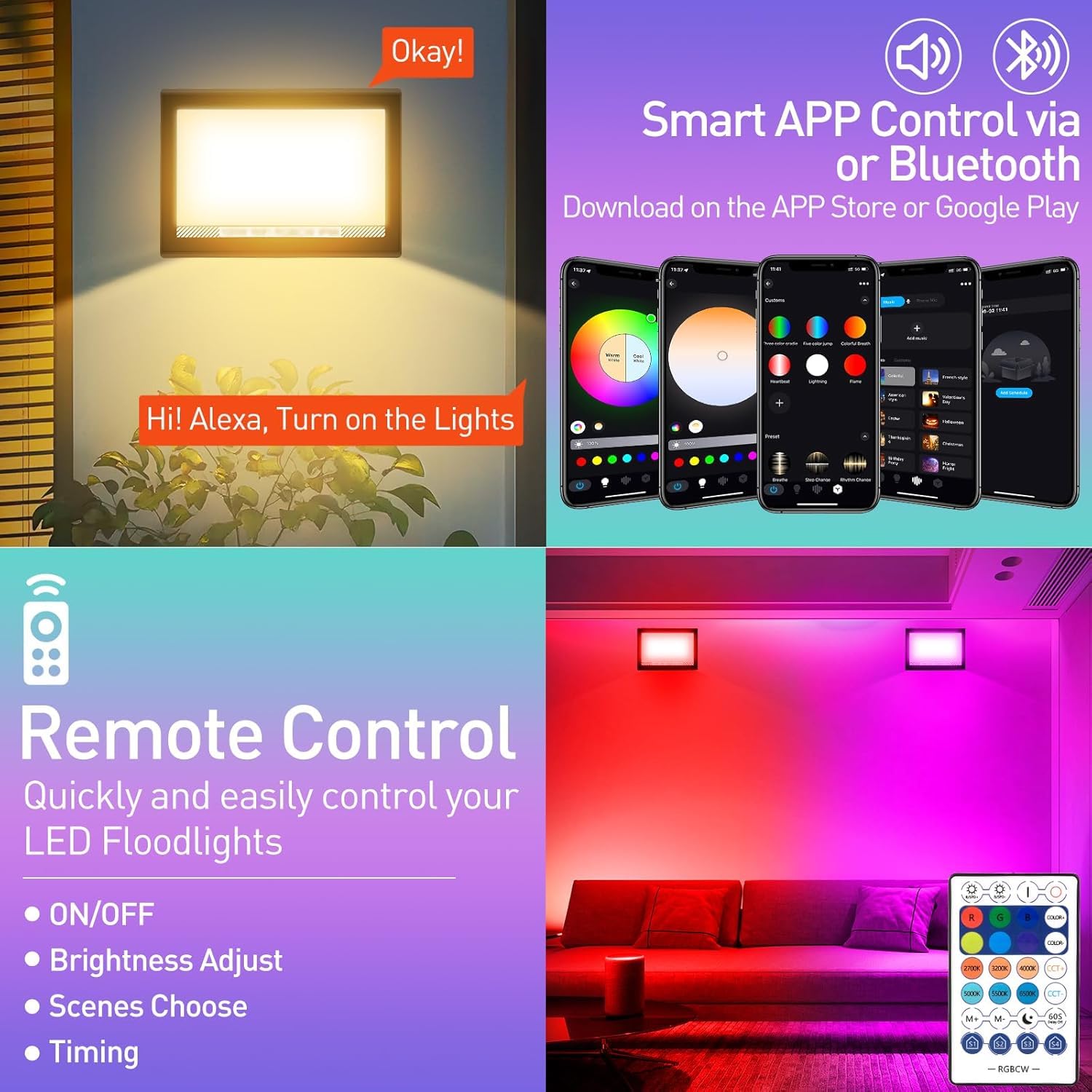 Projecteur LED Extérieur Couleur, T-SUNUS 30W Projecteur LED RGB avec APP Bluetooth et Télécommande, IP66 Etanche, Spot LED RGB Extérieur Pour Jardin Festival Noël