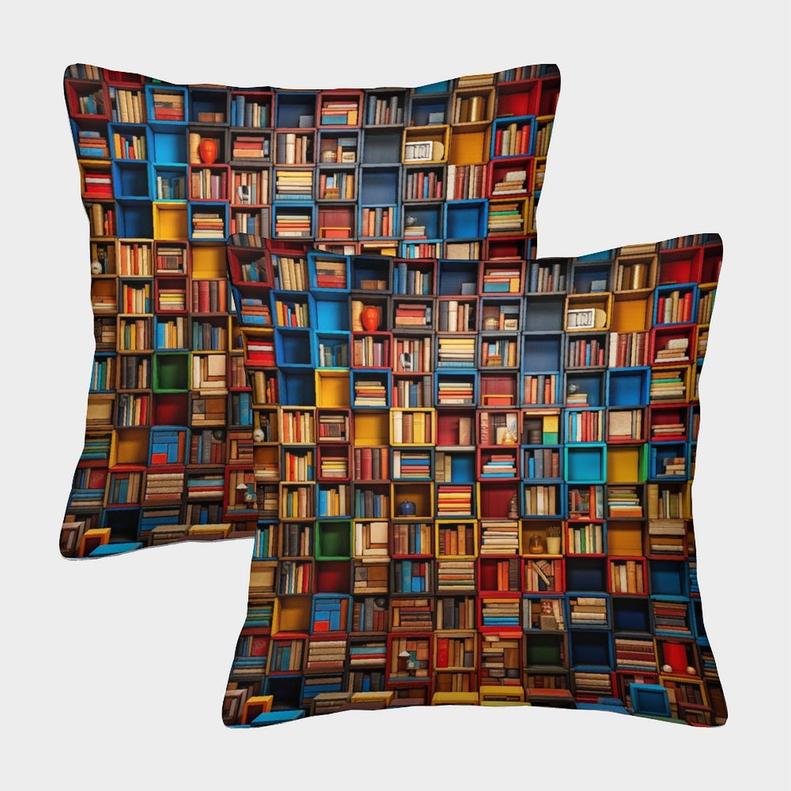FZALUECVA Bookshelves Square Cushion Covers Pack of 2 with Invisible Zipper Decorative Throw Pillow for Sofa Living Room Bedroom 45x45cm