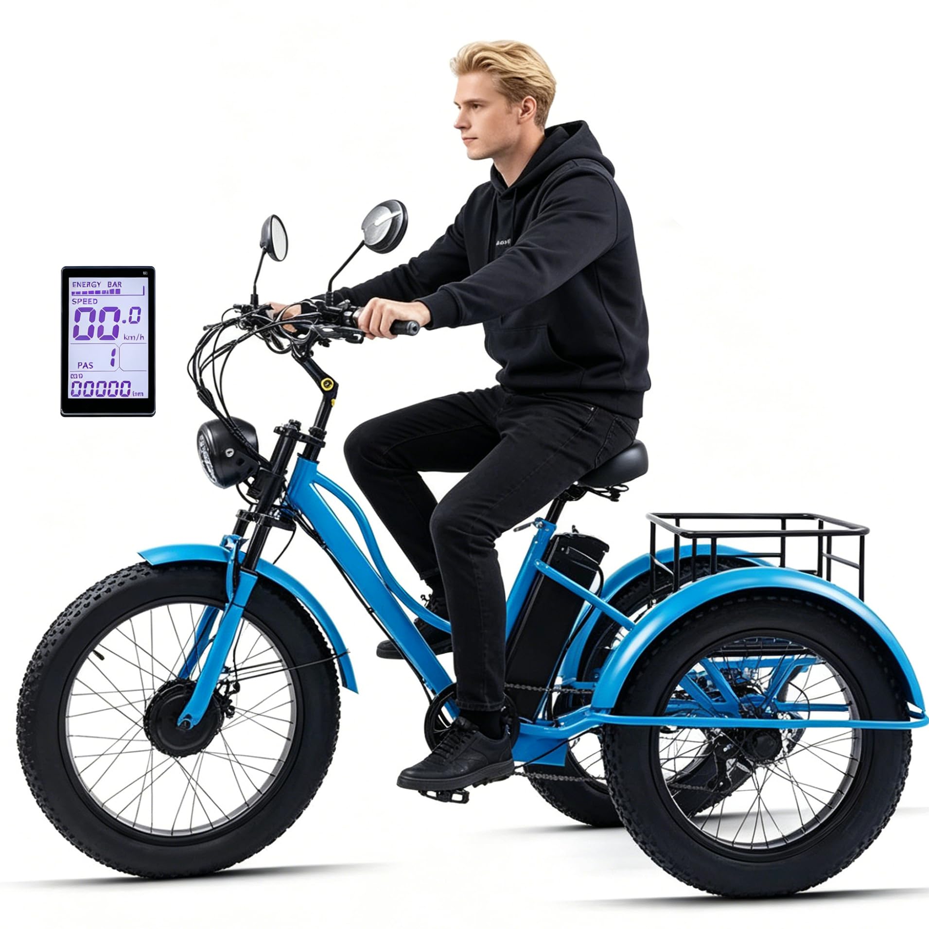 WhFKLca Fat Tyre Tricycle for Adults with Basket, 24'' Electric Tricycle with Carbon Steel Frame, Lcd-Display, Safety Horn, Led Headlight, Electric Cargo Trike for Senior, 65km Range Blue1