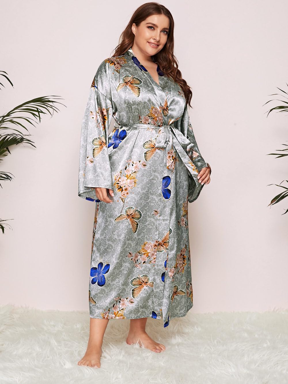 Robes Imprimées Papillon pour Femmes,Grande Taille Kimono en Satin Soyeux Longue Robe de Chambre Douce Peignoir de Fête de Mariage Chemise de Nuit Ample et Fraîche Col en V