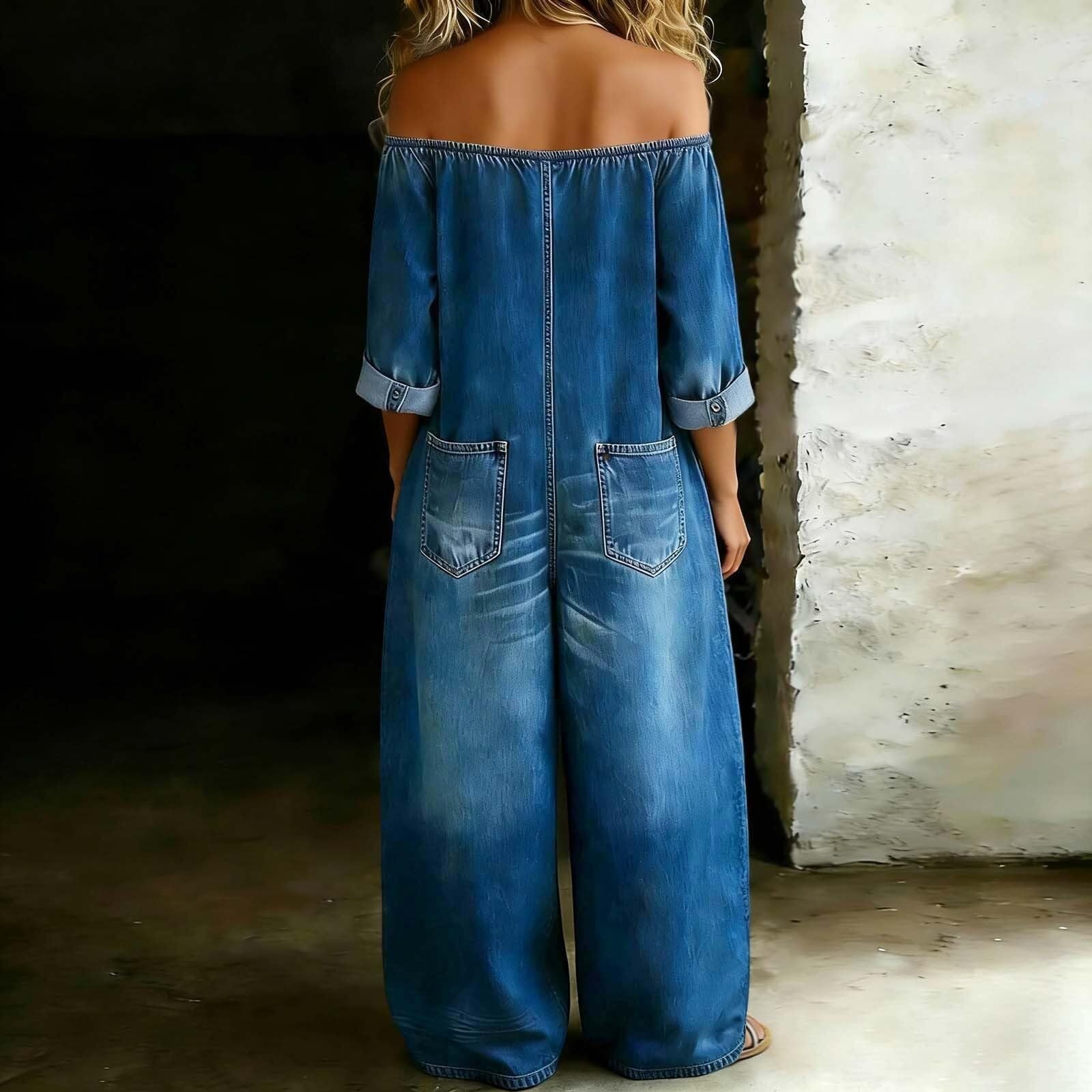 Generale Tuta Intera Jeans Donna Maniche Lunghe, Spalline Scoperte con Bottoni, Pantalone Gamba Larga Casual con Tasche