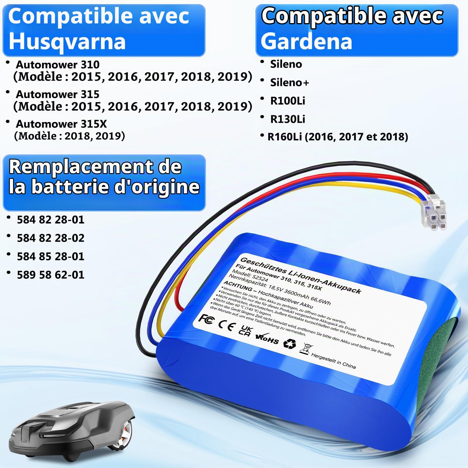 3600mAh Batterie Compatible avec Husqvarna Automower 310, 315, 315X | 18.5V Batterie compatible avec Gardena Sileno R100Li, R130Li et R160Li