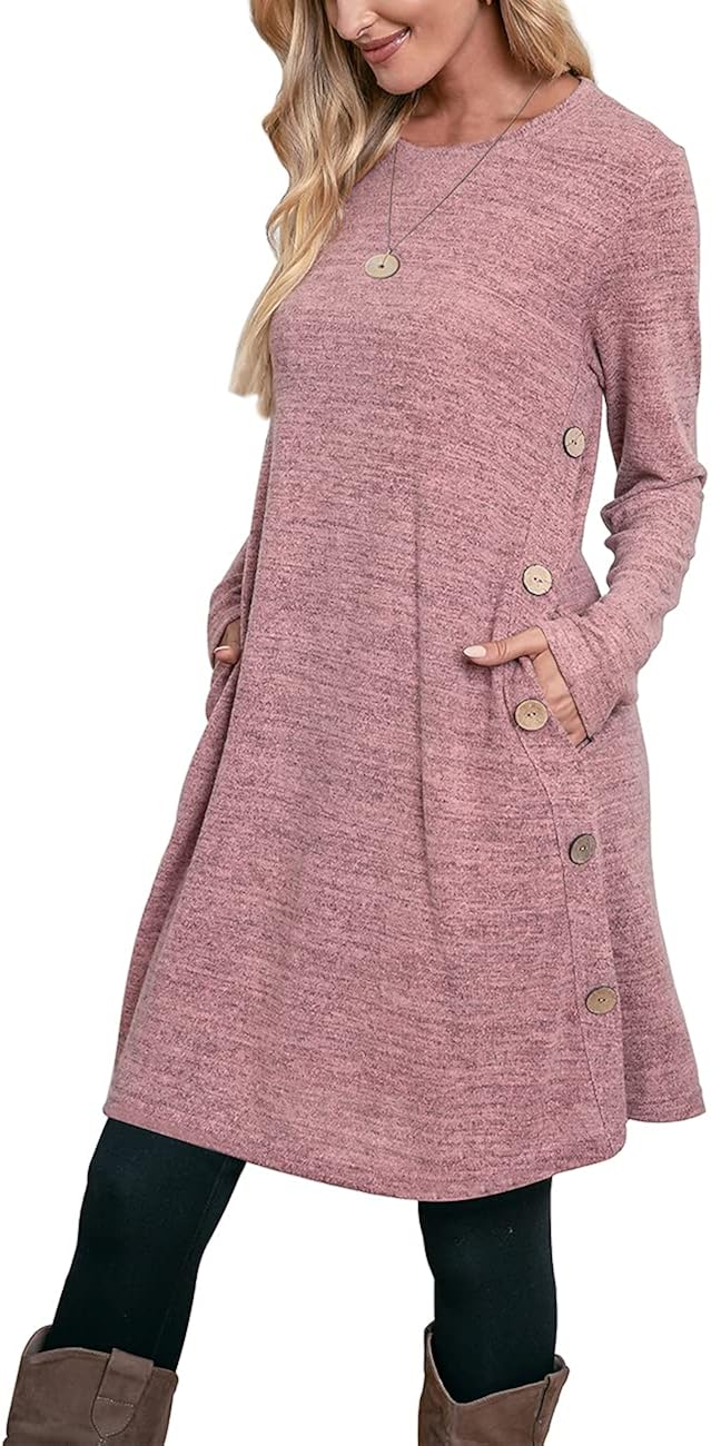 OFEEFAN Long Sleeve Dress for Women Winter Dress with Pockets Buttons Side