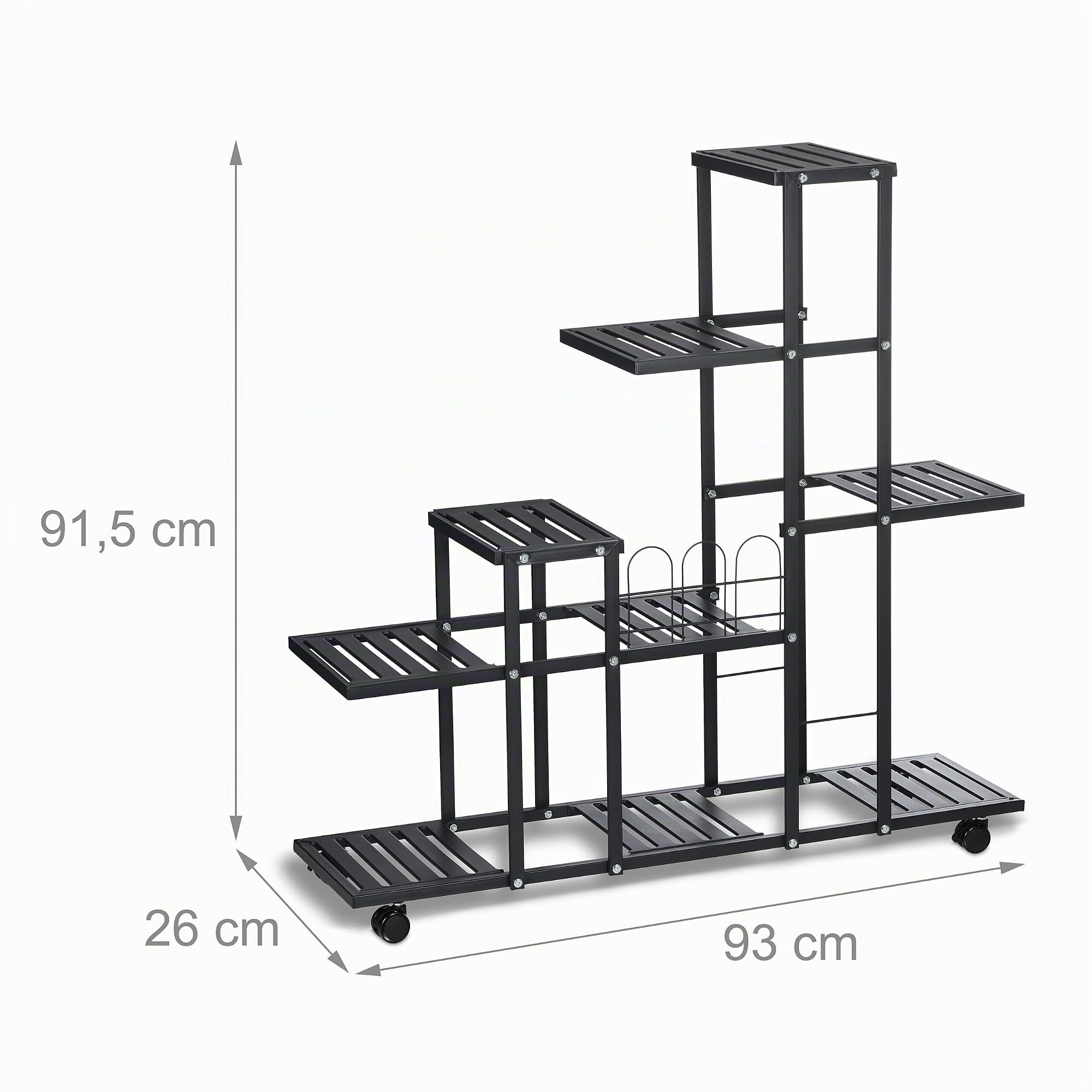 Relaxdays Estantería para Plantas Metálica, 9 Niveles, 91,5 x 93 x 26 cm, Repisas de Flores, con Ruedas, Metal, Negro