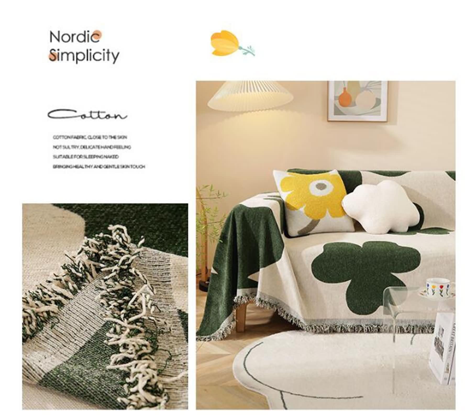 Copri Divani Moderni Tre Posti,Coperta per Divano Angolare Verde Fodera Copridivano 180x300CM Copripoltrona in Ciniglia Motivo Floreale con Nappe