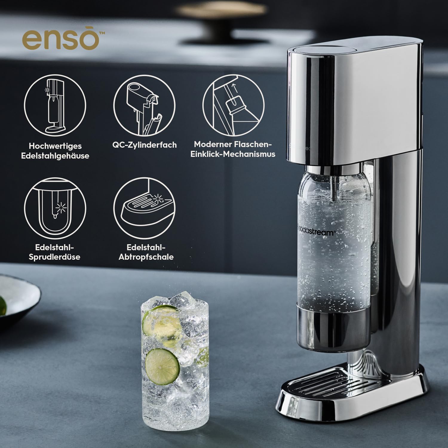 sodastream® enso™ Premium Wassersprudler | Edelstahl-Design von Naoto Fukasawa | inkl. 1 L BPA-freie Flasche | Einfaches CO2-Wechsel-System |Farbe: Silber