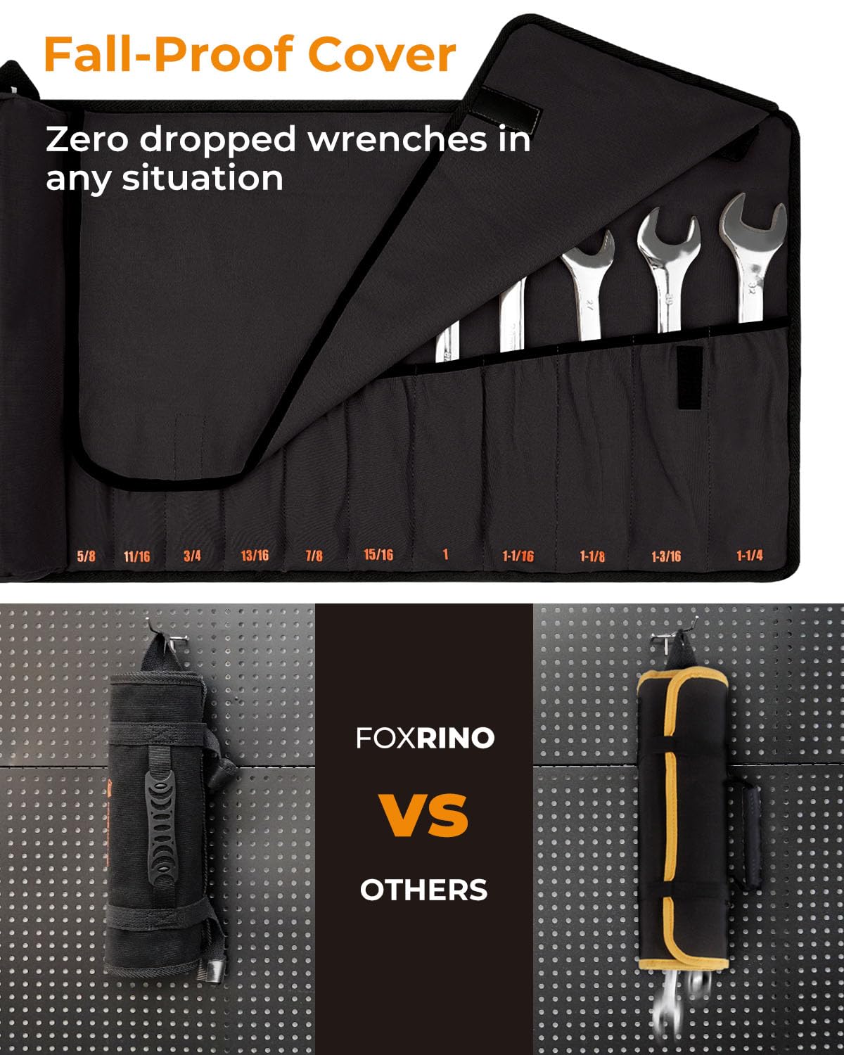Foxrino Bolsa enrollable para llaves, bolsa enrollable para llaves, bolsa organizadora de llaves de lona resistente con 17 bolsillos para llaves combinadas SAE, bolsa enrollable de herramientas