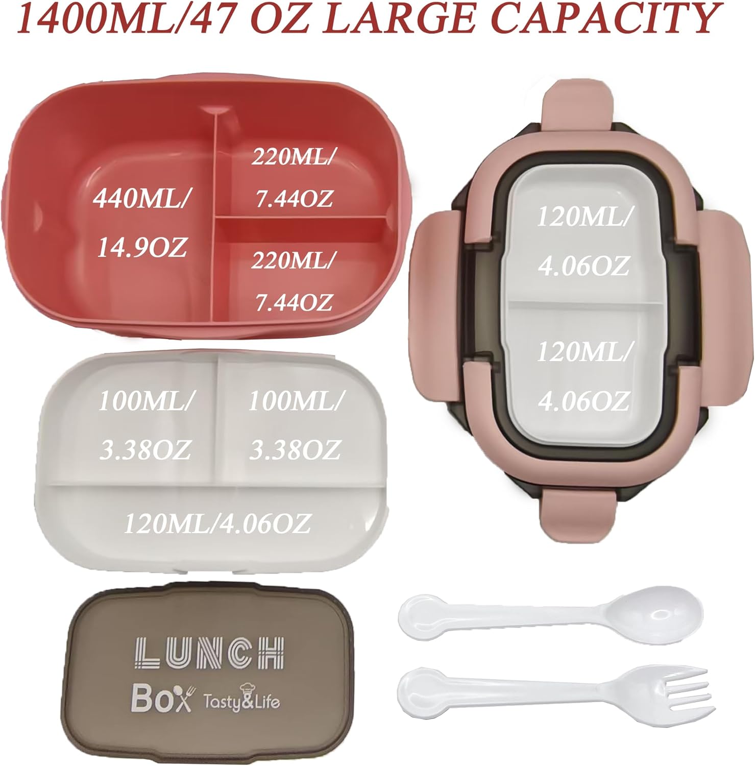 1400ML/47OZ Adult Bento Box, Leak-proof 3 Layers with Handle Portable Lunch Container, Lunch Box for Men and Women, BPA-Free, Microwave/Dishwasher/Freezer Safe, Reusable Snack Container (Pink) - Image 2