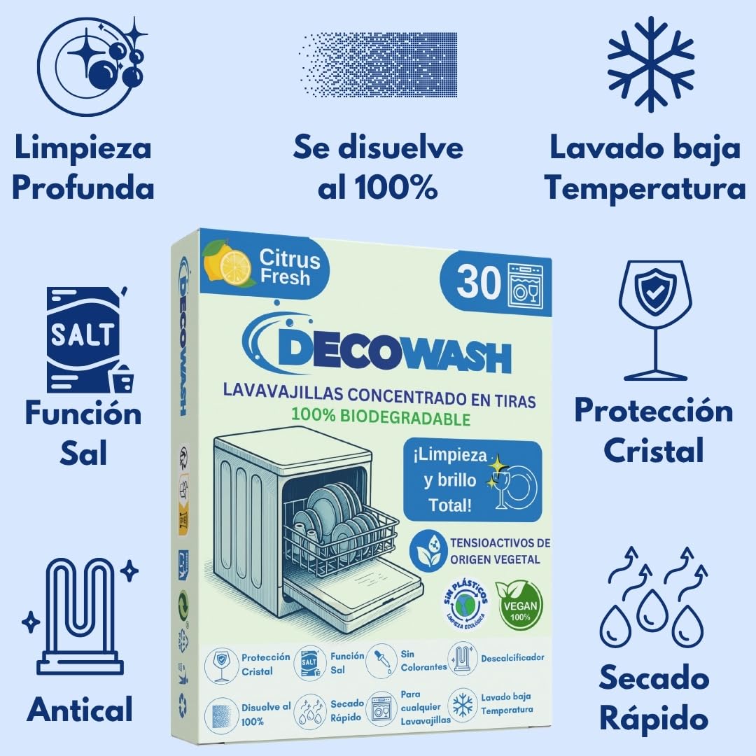 Detergente Lavavajillas Ecológico en Tiras (Máximo 600 Lavados) - Sin Plásticos, Fosfatos ni Cloro. Biodegradable, Vegano y Seguro. Limpieza, Abrillantado, Protección y Cuidado Antical