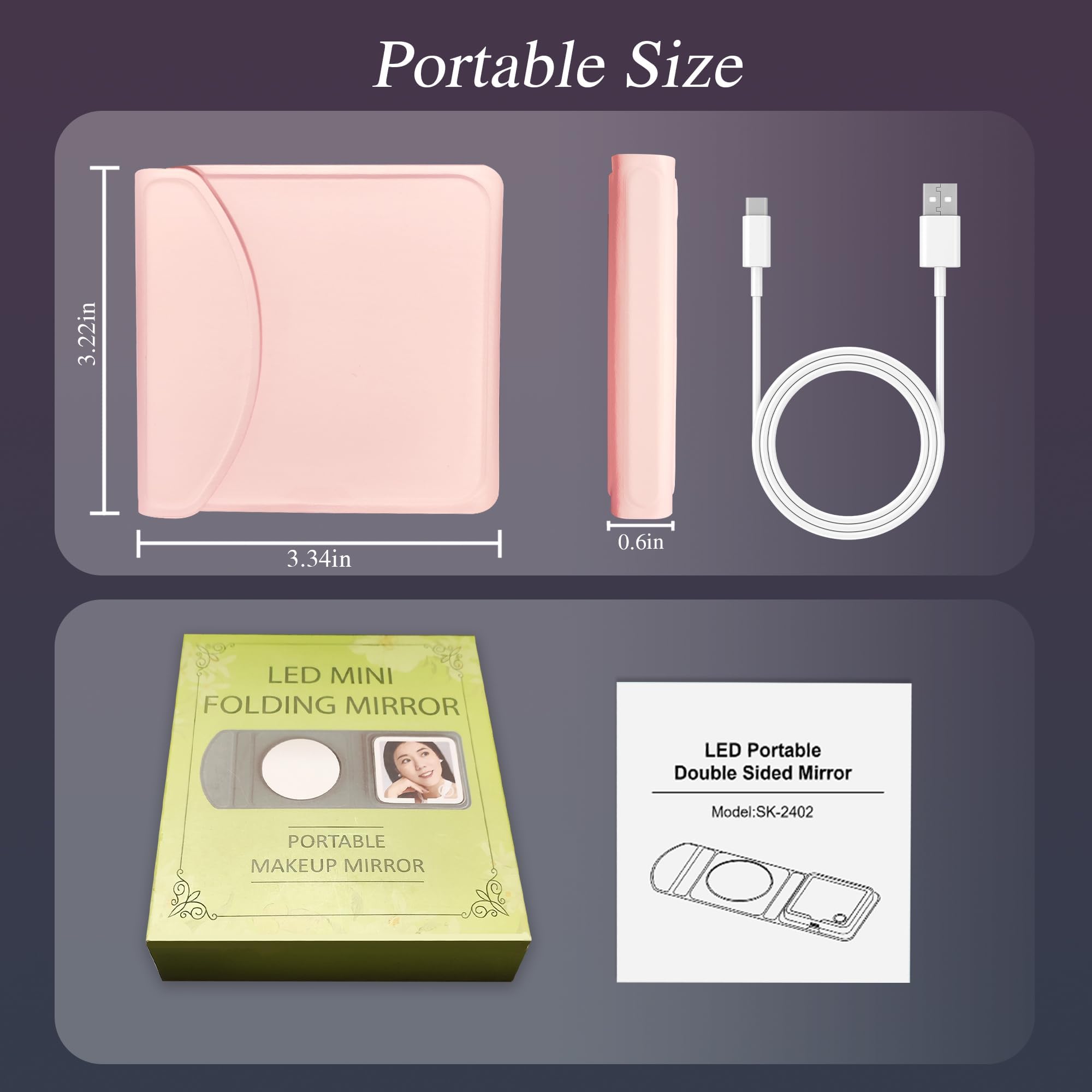 Amysmart Pink PU Leder LED Reise Make-up Spiegel - 1X/5X/10X Vergrößerung, dreifach gefalteter Taschenspiegel, kompakt beleuchteter Handspiegel für Geldbörse & Reisen, kleiner beleuchteter Spiegel für
