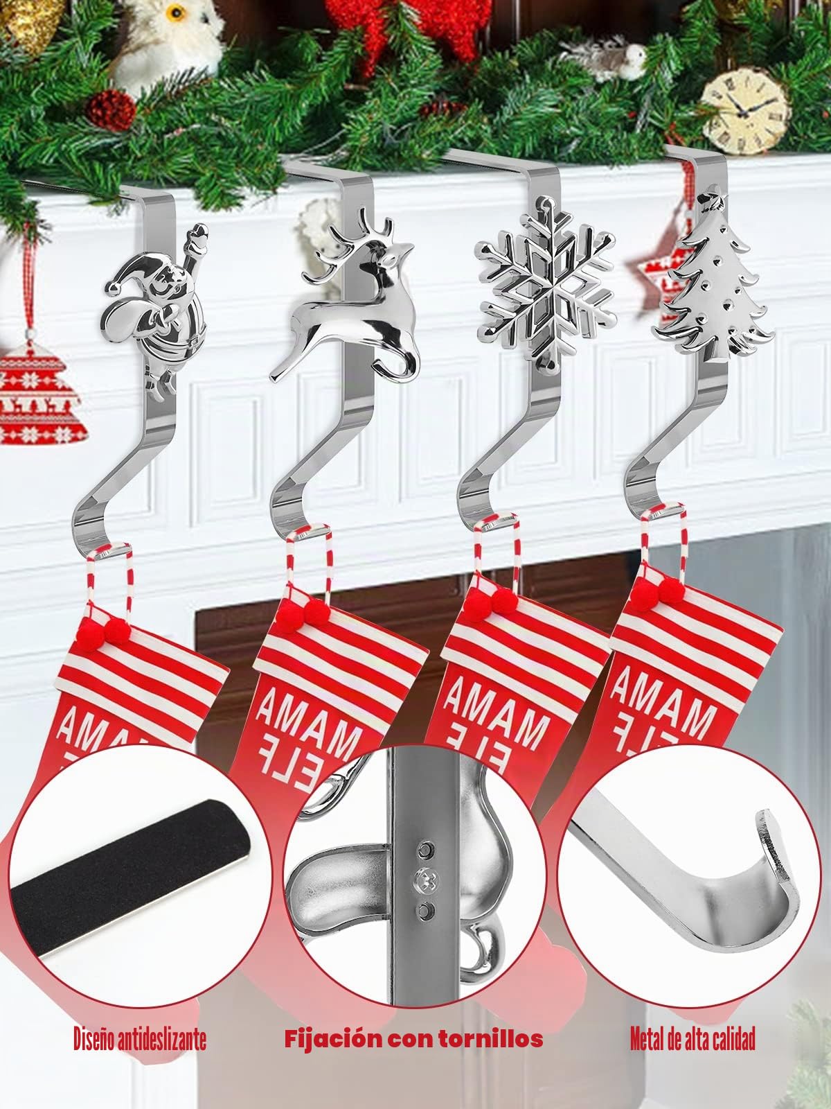 4 Piezas Colgadores de Calcetín de Navidad para Chimenea, Kalolary 4 Estilos Soportes Calcetín Navidad para Manto Ganchos Calcetín Resistentes y Antideslizantes para Decoración Navideña Hogar (Plata)