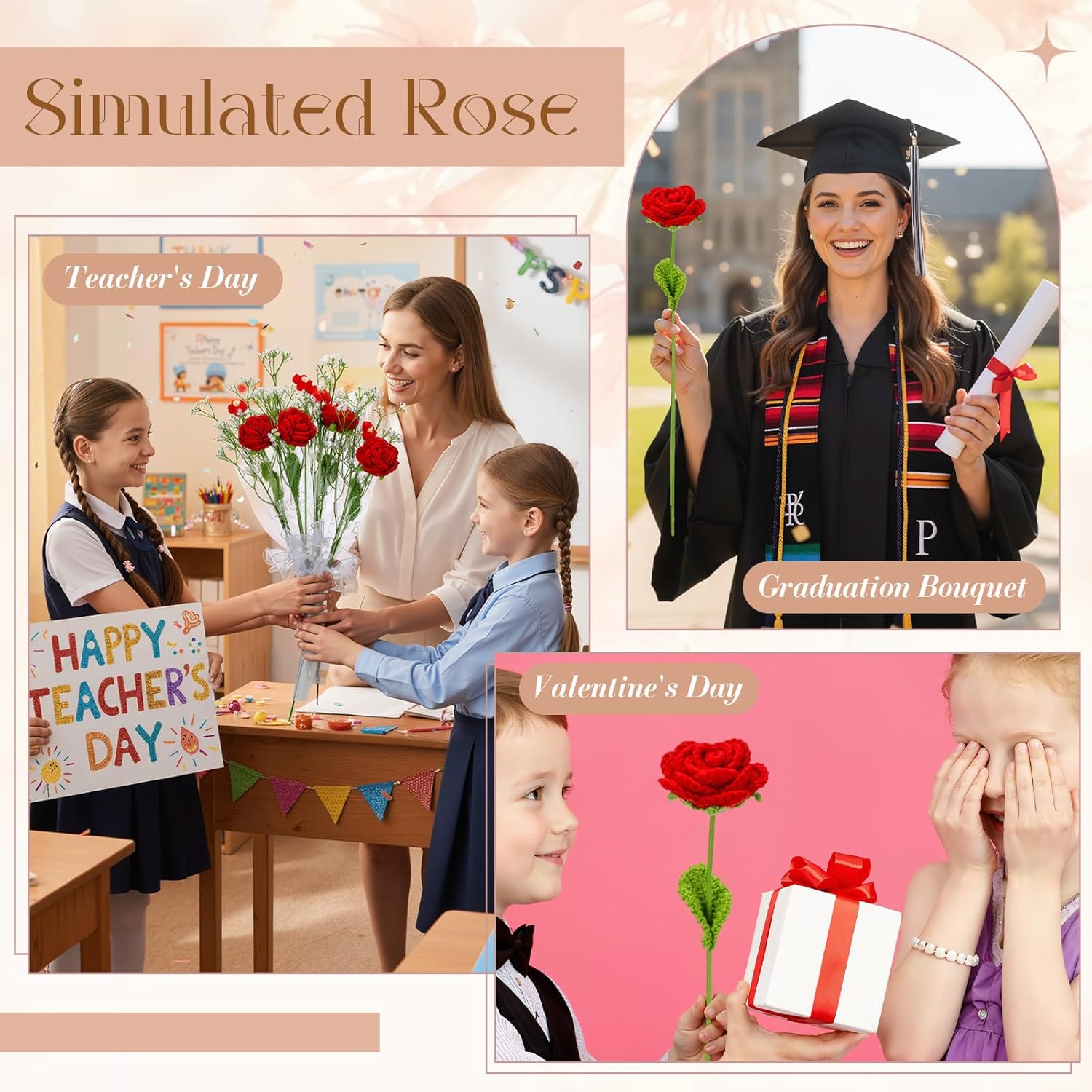 Suncalla 6 Bundle Crochet Flower Bouquet for Mom Handmade Crochet Rose Artificial Babys Breath Puff Flowers Bouquet Gift for Her Woman, Mother's Day, Birthday Anniversary(Red,Rose)