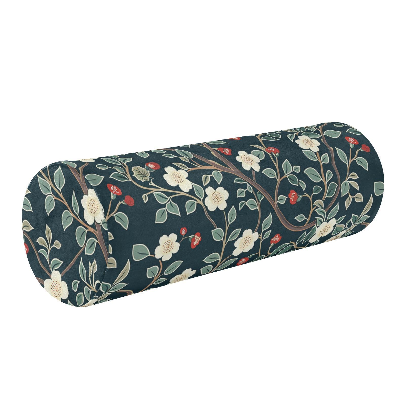 miaozhen Fashion Flower Blossom White Dark Blue Small Round Pillow Insert Lumbar Support Pillow for Couch almohada para Yoga 5.5''x17''