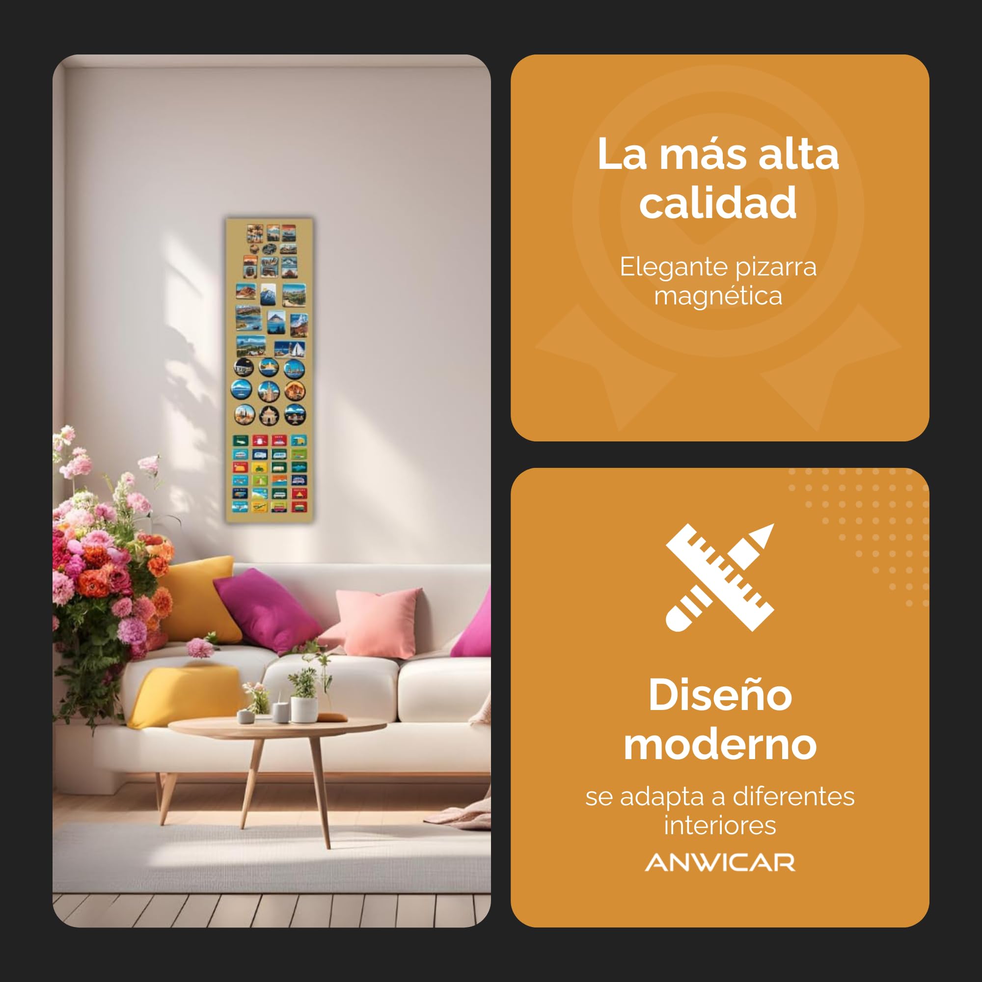 Pizarra Magnética - Tablero magnético de 50x50 cm de acero - Ideal para imanes y notas - Pizarra magnética para escribir - incl. kit de montaje - Negro