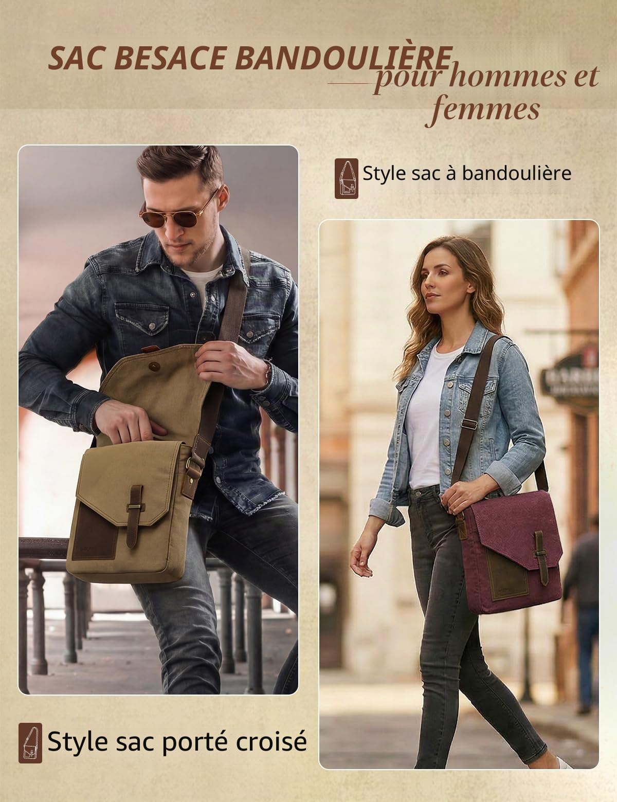 VASCHY Petit sac à bandoulière pour homme en toile vintage en cuir véritable - Sac à bandoulière classique pour le travail, l'école, la vie quotidienne