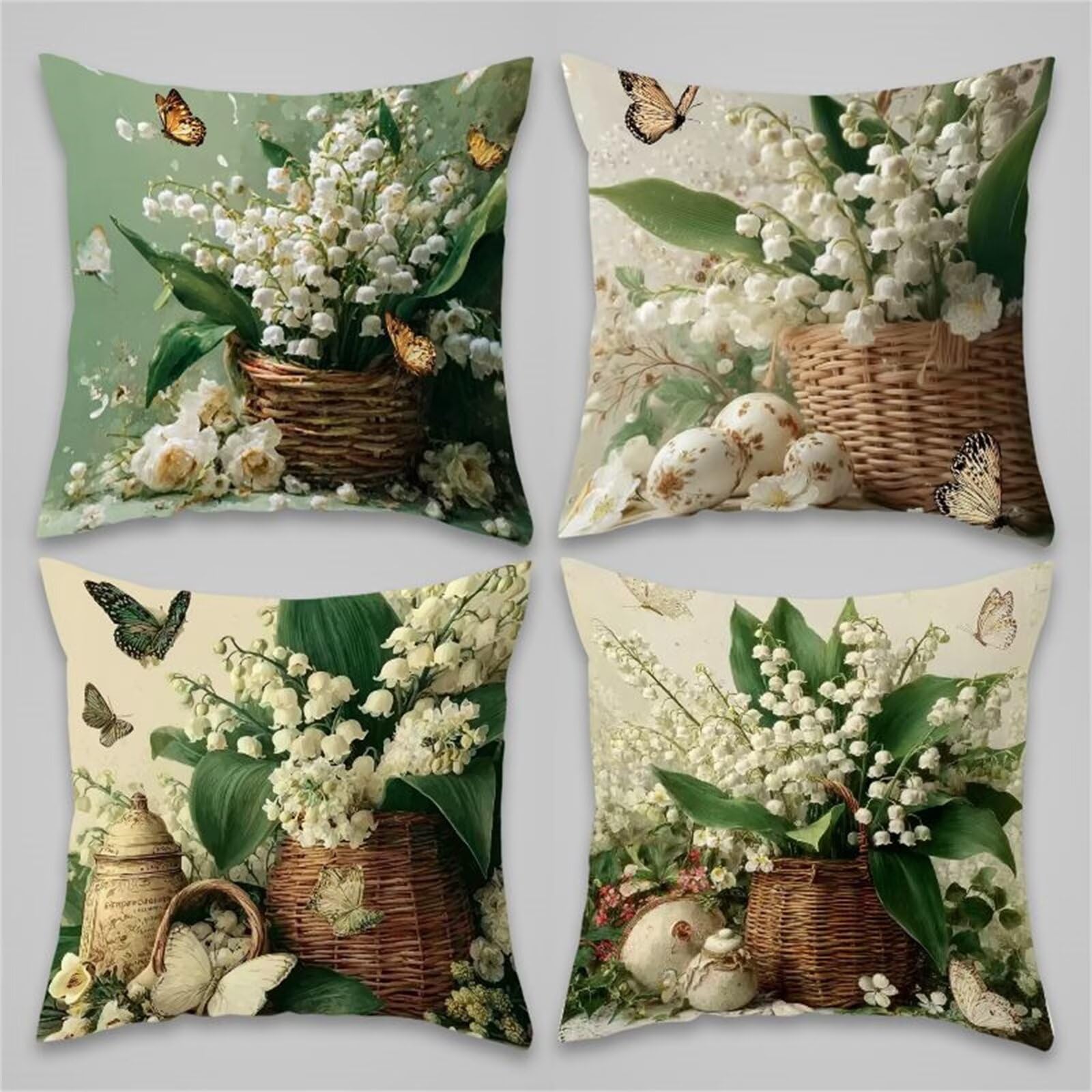 Housse de coussin 55x55 cm fleurs papillon au design bucolique lot de 4