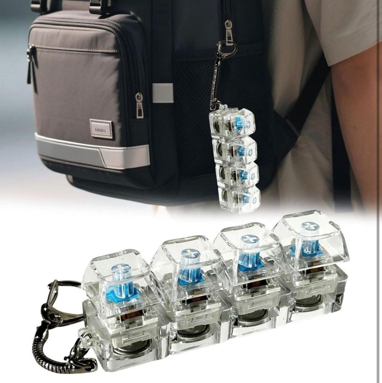 4-in-1 Keyboard Fidget Toy with LED | Loud Clicker & Bass Sound | Detachable Mechanical Switches, Stress Relief Keychain | Anxiety Reliever Office Desk Toy – 1Pcs (Transparent)