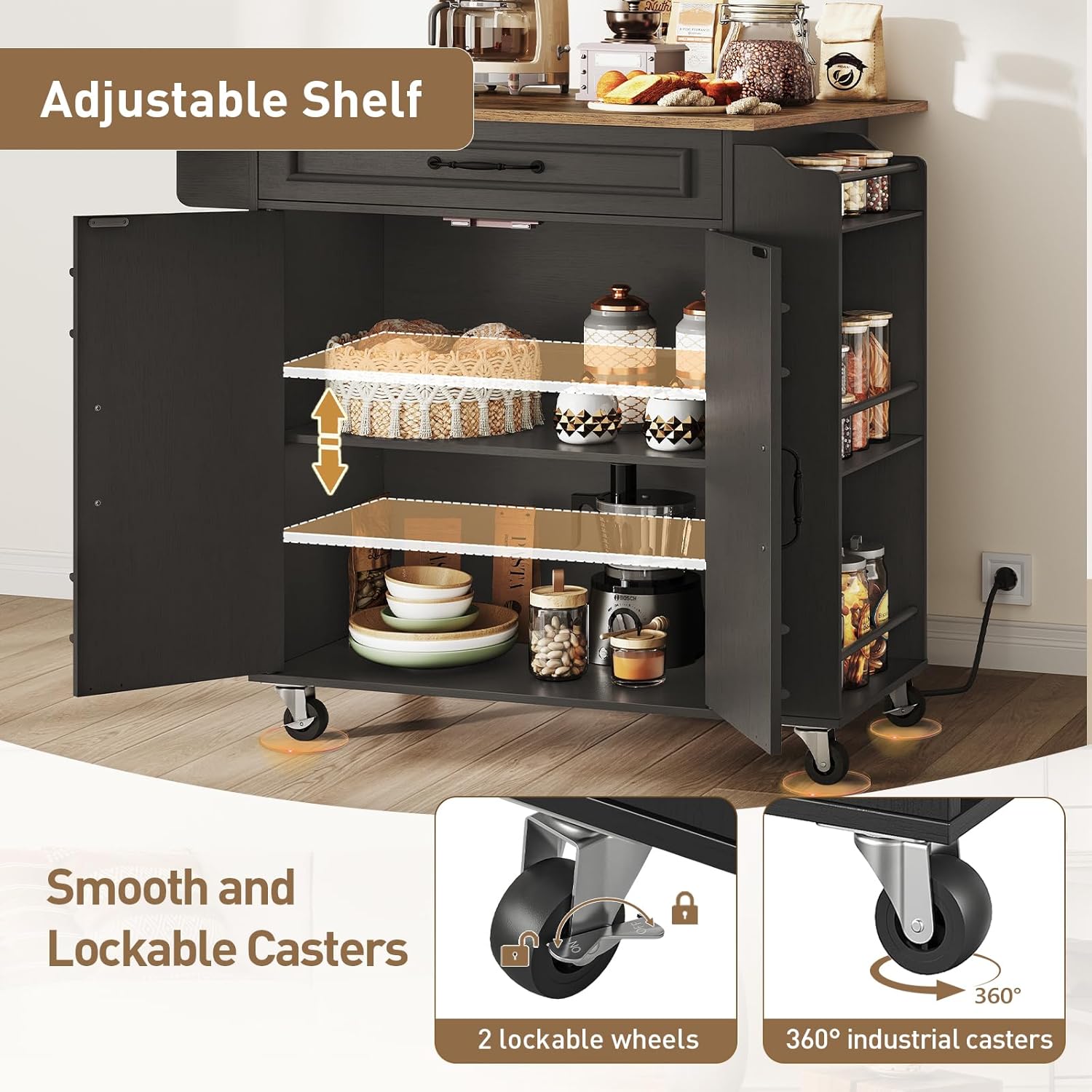 Kitchen Island with Power Outlets & Drop Leaf, Rolling Kitchen Cart on Wheels, Kitchen Storage Island with Spice Rack and Drawer for Kitchen, Dinning Room, Black and Rustic Brown