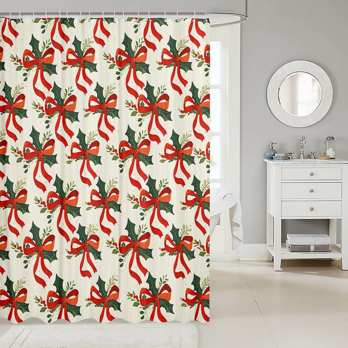 Homewish Xmas Red Bowknot Shower Curtain for Bathroom 72"x72" Green Leaf Bath Curtain for Stalls Happy New Year Waterproof Polyester Fabric Beige Green Red image 2