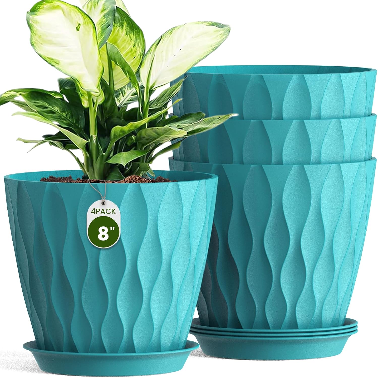8" Water Wave Plant Pots with Drainage Holes & Saucers, 4 Pack Modern Textured Medium Planters for Indoor Outdoor Plants, Decorative Flower Pots Repotting Set for Flowers, Herbs (Blue)