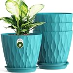 8 Inch Plant Pots 4 Pack Plastic Planters with Drainage & Saucers | 8 inch 4 pack plastic plant pots with 3D water ripple texture, drainage holes and saucers for indoor outdoor plants