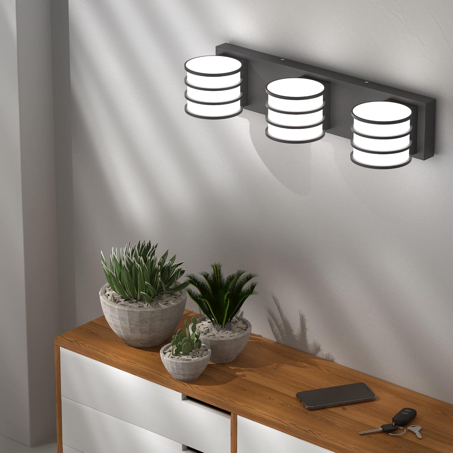 LED Bathroom Vanity Light - 20.5 Inch Black 3-Light Fixture with White Acrylic Shades, 6000K Cool White, Mirror Lighting for Bathroom, Bedroom, Hallway, Living Room Wall Sconce