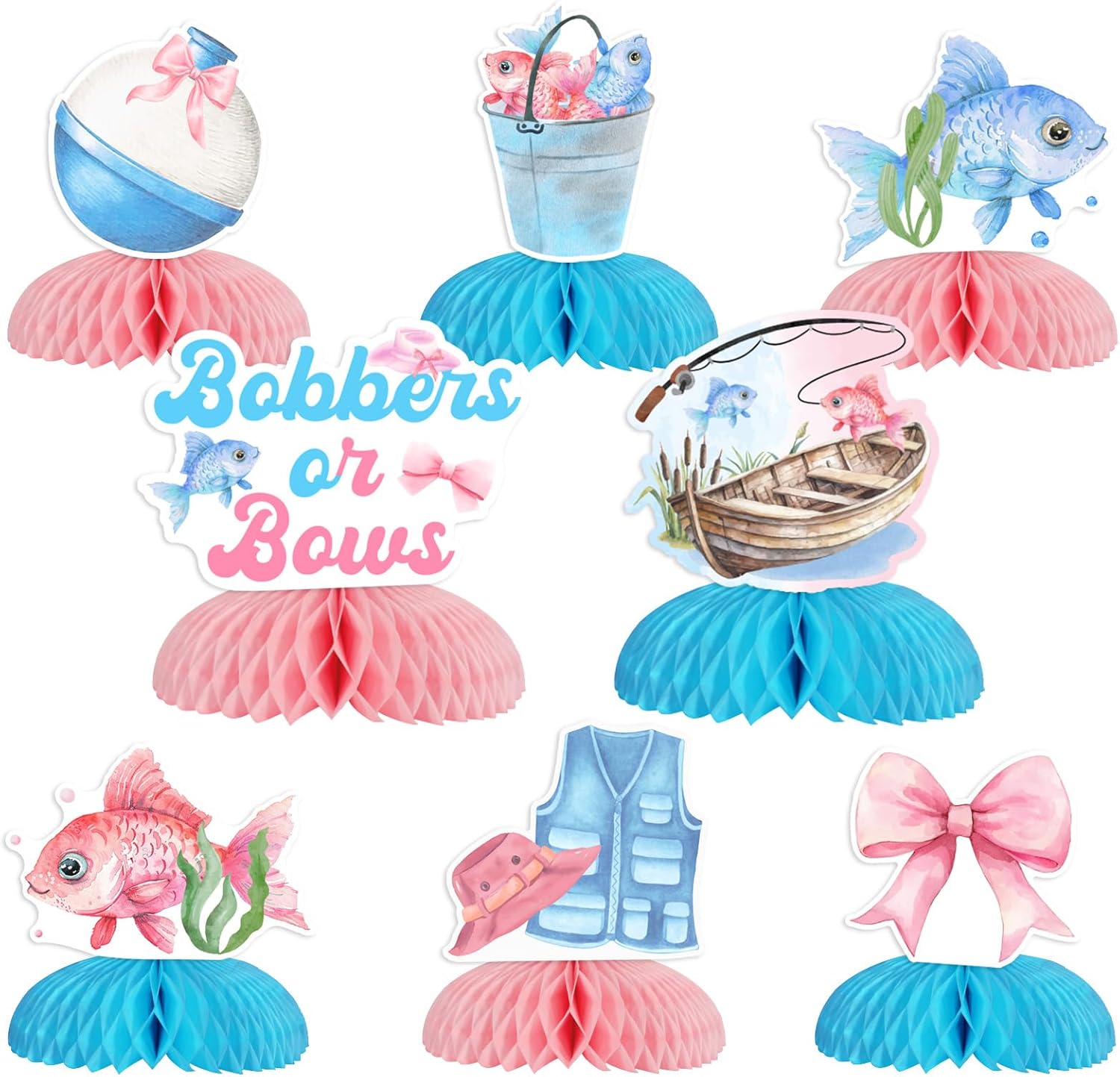 Cheereveal Bobbers or Bows Gender Reveal Decorations, 8PCS Fishing Honeycomb Centerpieces, Pink Blue Boy or Girl Table Topper Decorations, Fish Fisherman Bow Themed Baby Shower Birthday Party Supplies
