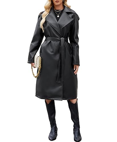 Gudasuo Leather Jacket Women Trench Coat Long Loose Button Lined Jacket Open Front Faux Motorcycle Coat with Belt - Black - Large